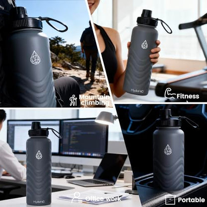 32oz Stainless Steel Insulated Water Bottle, 48H Ice Cold & 24H Hot, Leak-Proof Wide Mouth Lids (Straw & Spout), BPA-Free Bottles, Mens Water Bottle for Gym, Hiking, Travel - Grey - color: Gray, size: 32 Ounces