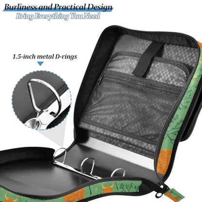 3 Ring Zipper Binder Highland Cow Green Tree Binders Bag with Shoulder Strap 500 Sheets Paper Organizer Trapper Keeper Documents Storage File Folder for School Office - color: A1359
