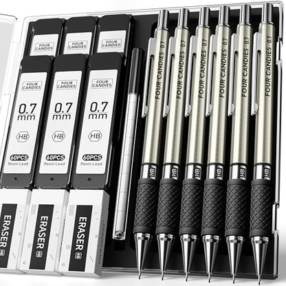 6PCS Metal Mechanical Pencil Set with 0.7mm Medium Point, 360 Leads, 12 Erasers, Art Mechanical Pencils Pack with Storage Case for School Writing, Sketching, Drawing & Professional Drafting - size: 6 Count (Pack of 1)