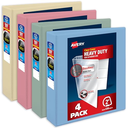 Avery Heavy-Duty View 3 Ring Binders, 2 Inch One Touch Slant Rings, 530-Sheet Capacity, Assorted Pastel Colors, 4-Pack (79637) – for School, Office, Teachers, Classrooms & Home Organization - color: Assorted Pastels, size: 2"
