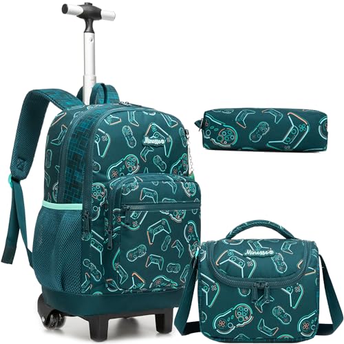 Kids Rolling Backpack for Boys 16.5" School Roller Backpack with Lunch Box, Toddler Backpacks with Wheels Rollig Wheeled Backpacks for Elementary School - color: Blue Game