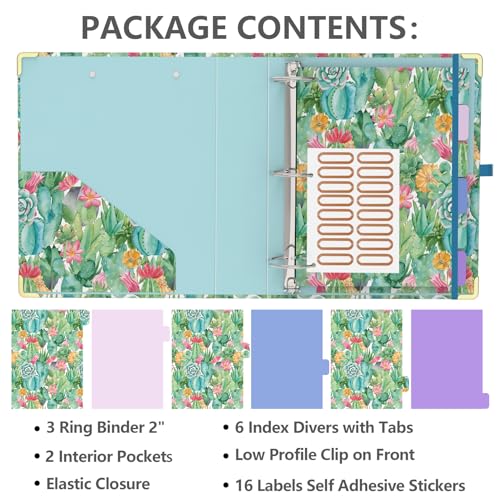 3 Ring Binder 2 Inch, Cute Round Ring Binders with 6 Tab Dividers, Labels Stickers, Low Profile Clipboard with Storage, Fashion Binder School Office Supplies(Cactus Flowers) - color: Cactus Flowers
