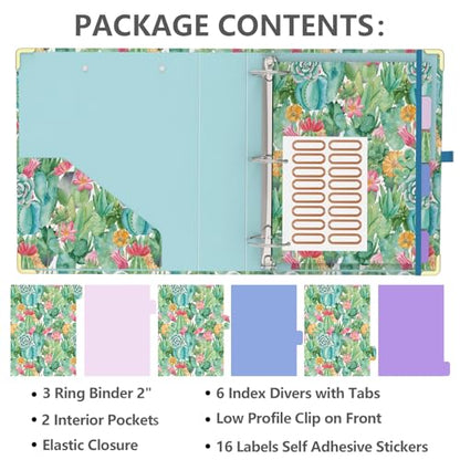 3 Ring Binder 2 Inch, Cute Round Ring Binders with 6 Tab Dividers, Labels Stickers, Low Profile Clipboard with Storage, Fashion Binder School Office Supplies(Cactus Flowers) - color: Cactus Flowers