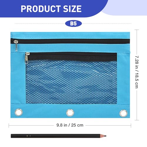 Pencil Pouch for 3 Ring Binder - 3 Hole Zipper Pen Case Bag Holder Bulk Accessories Clear Window Aesthetic Organizer Pockets - color: Sky Blue