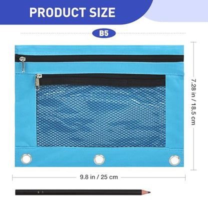 Pencil Pouch for 3 Ring Binder - 3 Hole Zipper Pen Case Bag Holder Bulk Accessories Clear Window Aesthetic Organizer Pockets - color: Sky Blue