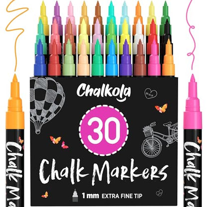 Extra Fine Tip Liquid Chalk Markers for Blackboard (30 Pack 1mm) Pastel + Neon Chalk Pens - Erasable Dry Erase Marker for Chalkboard, Blackboards, Window, Bistro, Car - Fine Tip Chalkboard Markers - style: Extra Fine Tip - 1mm