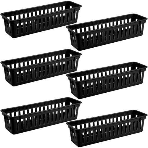 6 Pcs Black Slim Plastic Storage Baskets Tray 10 x 3 x 2.5 Inch Compact Stackable Desk Organizer for Office, Classroom, School Supplies, and Home Storage, Organization(Black) - color: Black