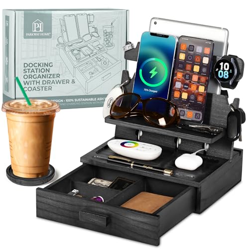 Black Wood Phone Docking Station for up to 3 Phones, Samsung Galaxy Watch Compatible Nightstand Organizer with Drawer for Valuables for Men & Women, Holds Phones, Tablets, Keys, Rings, Glasses, EDC - color: Black, size: Standard Drawer, For Galaxy Watch