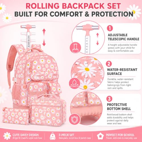 CCJPX 3Pcs Rolling Backpack for Girls, Roller Wheeled School Bookbag, Daisy Wheels Backpacks with Lunch Box for Kids (Pink) - color: Daisy Pink