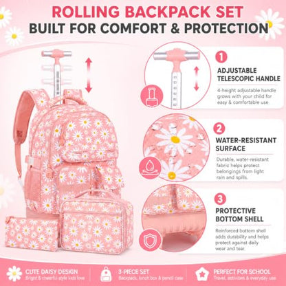 CCJPX 3Pcs Rolling Backpack for Girls, Roller Wheeled School Bookbag, Daisy Wheels Backpacks with Lunch Box for Kids (Pink) - color: Daisy Pink