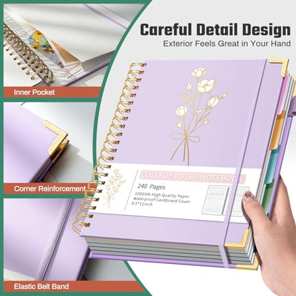 Ovesmusl 5-Subject Hardcover Spiral Notebook, 8.5" x 11", College Ruled | 240 college-ruled pages, 100 GSM paper, 5 removable dividers, inner pocket and protective metal corners