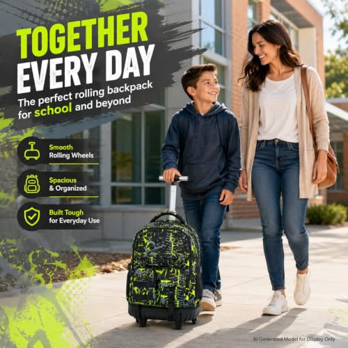 CCJPX 3Pcs Rolling Backpack for Boys, Roller Wheeled School Bookbag, Graffiti Wheels Backpacks with Lunch Box for Kids (Green) - color: Graffiti Green