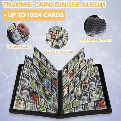 16 Pocket Ringless Side Loading Trading Card Binder, 1024 Cards PU Fixed Page Zipper Card Album for TCG Sports Game Cards, Not Fit Top Loaders(Lake Blue) - color: 16 Pocket 1024 Diamond Lake Blue