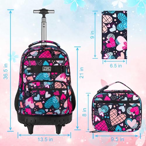 gxtvo Rolling Backpack for Girls, Adults Wheeled Bookbag with Lunch Box for Women, Kids Water Resistant Roller School Bag for College Teens Travel - Love Heart - color: Love Heart