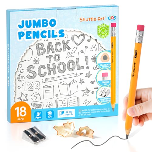 Shuttle Art Jumbo Pencils - 18 Pack Triangle Pre sharpened Pencils #2 HB with Top Erasers & Sharpener, for kids Ages 4-8, Kindergarten School Supplies, Ideal for Home, Classroom - size: 7.6 Inch