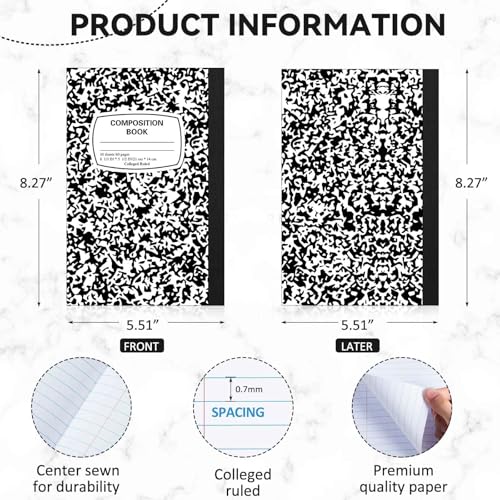 Gersoniel 4 Pack Left Handed Composition Notebooks, Black Marble College Ruled Writing Notebooks 8.3" x 5.8", School Notebook for Home Study & Classroom Use, Smooth Ink Paper for Left Hand Writers - color: Black