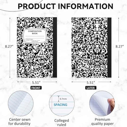 Gersoniel 4 Pack Left Handed Composition Notebooks, Black Marble College Ruled Writing Notebooks 8.3" x 5.8", School Notebook for Home Study & Classroom Use, Smooth Ink Paper for Left Hand Writers - color: Black
