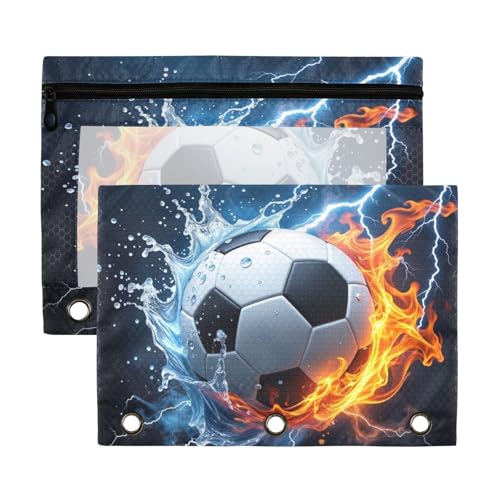Kcldeci Pencil Pouch for 3 Ring Binder, Soccer Ball in Fire and Water 2 Pack Binder Pencil Pouch with Clear Window Pencil Bags with Zipper Pencil Case for Binder - color: A01