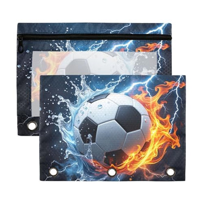 Kcldeci Pencil Pouch for 3 Ring Binder, Soccer Ball in Fire and Water 2 Pack Binder Pencil Pouch with Clear Window Pencil Bags with Zipper Pencil Case for Binder - color: A01
