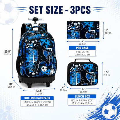 gxtvo Kids Rolling Backpack for Boys, Men Wheeled Bookbag with Lunch Box for Adults, Water Resistant Roller School Bag for College Teens Kids Travel - Blue Soccer - color: Rolling Backpack Shot Football Blue