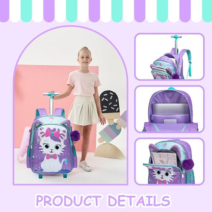 Rolling Backpack for Girls Cute Kids Rolling Backpack with Lunch Bag Kids Backpack with Wheels for School Backpacks for Elementary with Lunch Box Pencil Case Trolley Luggage - color: Purple Cream Cat