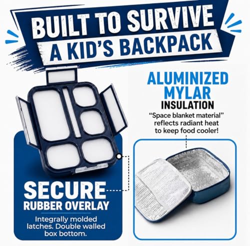 kinsho Lunch Boxes for Kids Boys Teens - Bento Box Set with Insulated Bag and Ice Pack, 6 Compartment Leak Proof Food Container, BPA-Free, Microwave Safe, Ideal for School & Work, Blue + Navy - color: Blue + Navy