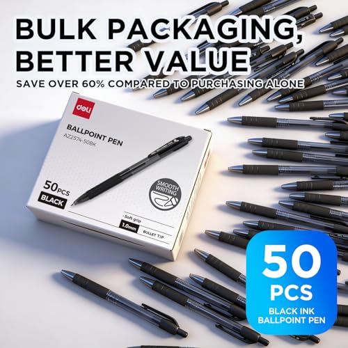 deli Pens Bulk,50 Pack Ballpoint Pens Black Ink 1.0MM Medium Point, Smooth Writing Retractable Pen with Soft Grip, No Bleed,Fast Dry,for Office School Home Use - color: Black, size: 50 PCS