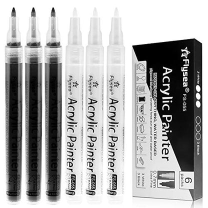 EBOT Black Paint Pens, 6 Pack 0.7mm Acrylic Black Permanent Marker,White Paint Pens for Rock Painting, Stone,Wood, Plastic, Ceramic, Glass, Metal Canvas, Paper, Water-based Extra Fine Point