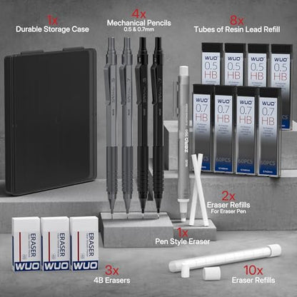 WUO Mechanical Pencils Set, 4-Pack 0.5mm & 0.7mm Metal Drafting Pencils with 480 HB Lead Refills, Precision Eraser Pen, 4B Erasers & Case for Writing, Drawing, Sketching & School, Grey&Black - color: Black+Grey