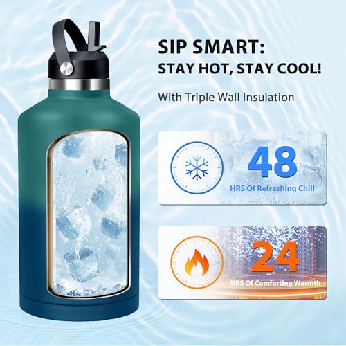 Insulated Water Bottle 64 oz, Triple Wall Vacuum Stainless Steel Water Bottles (Cold for 48 Hrs), Leak Proof & Non-BPA, Half Gallon Water Flask Jug Wide Mouth Straw Lid & Spout Lid - color: Green & Blue, size: 64 Ounces