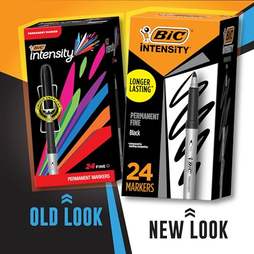 BIC Intensity Black Permanent Markers, Fine Point, 24-Count Pack of Black Markers With Non-Slip Grip for Comfort and Control