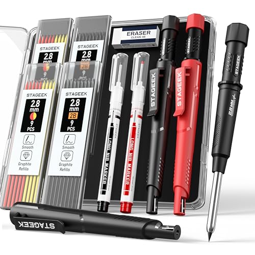 STAGEEK 2 Pack Carpenter Pencils with Sharpener, Mechanical Carpenter Pencils with 38 Refills, Construction Pencil Heavy Duty Woodworking Tools, Deep Hole Long Nib Marker Pens for Architect Marking - color: Red/Black