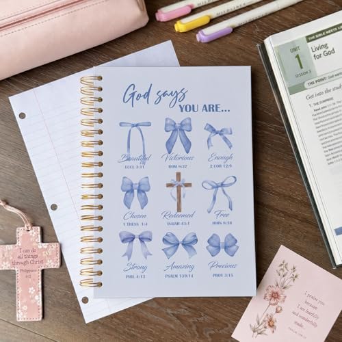VONTP Bible Blue Bow Christian Notebook Journal for Women, 5.5 x 8.3 Inch | Christian Girl Energy Journal, Christian Study Notebook, Cute Preppy Bible Study Spiral Notebook for Bible Notes - color: 001-Blue