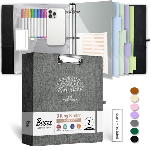 3 Ring Binder, 2 Inch Three Ring Linen Leather Binders Organizer with Clipboard for Letter Size Paper, Transparent Folder, 5 Tab Dividers, File Folder Labels, Pen Loop, Elastic Strap (Dark Grey) - color: 2-grey Lifetree, size: 2in（Letter Size）