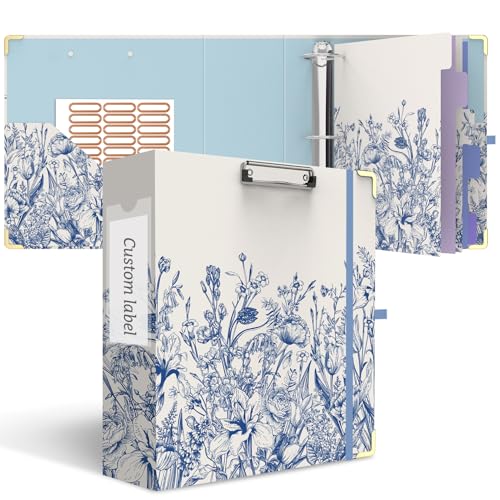 3 Ring Binder 3 Inch, Cute Round Ring Binder with 6 Tab Dividers & Label Stickers, Low Profile Clipboard with Storage, Fashion Binder for School Office Supplies (Vintage Blue Florals) - color: Vintage Blue Florals, size: 3 Inch