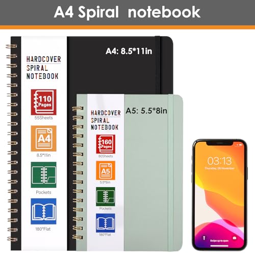 LABUK Spiral Notebook 8.5 x 11, A4 Large Notebooks for Women Men, 55 Sheets (110 Pages) College Ruled Hardcover Notebook for Work School Note Taking (Black) - color: 3-black, style: A4