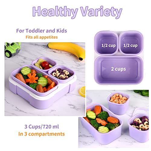 Genteen Small Kids Snack Containers for School 3 Compartment Travel Snack Containers with Dividers Portion Control Lunch box for Kids with Leak-proof Lids BPA Free (Purple + Blue) - color: 2P-Purple + Blue