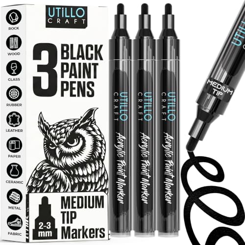 Utillo Craft Black Paint Pen (3-Pack) Medium Black Paint Markers for Metal, Fabric, Wood, Glass, Paper, Plastic, Rock, Leather | Bold Color Permanent Acrylic Paint Pen 2-3mm | Artist DIY Gift - color: Black, style: Medium 3PK