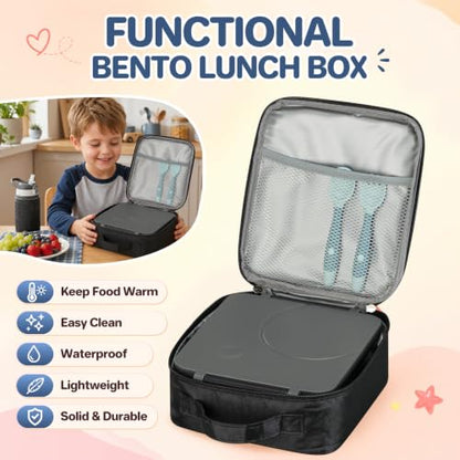 Itslife Bento Lunch Box for Kids with 8oz Soup Thermo&Lunch Bag, Leak-Proof Lunch Food Containers with 4 Compartment, Hot Food Insulated Food Jar for Kids School (Black) - color: Black