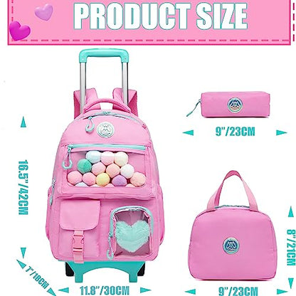 Rolling Backpack for Girls Kids Backpack with Wheels Backpacks for Elementary with Lunch Box Pencil Case Trolley Luggage - color: Pink