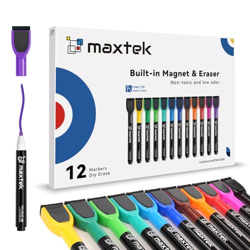 maxtek Magnetic Whiteboard Markers - 12 Count Colorful Fine Tip Dry Erase Markers with Eraser for Kids, Low Odor Thin Markers for Calendar Boards - style: 12 Count 12 Colors