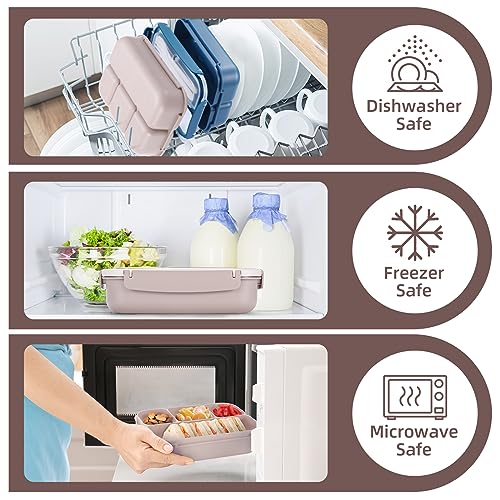QQKO Bento Box Adult Lunch Box, Lunch Containers for Adults Men Women, Kids Lunch Boxes for School with 4 Compartments, Sauce Container, Utensils and Muffin Cups, Brown - color: Brown