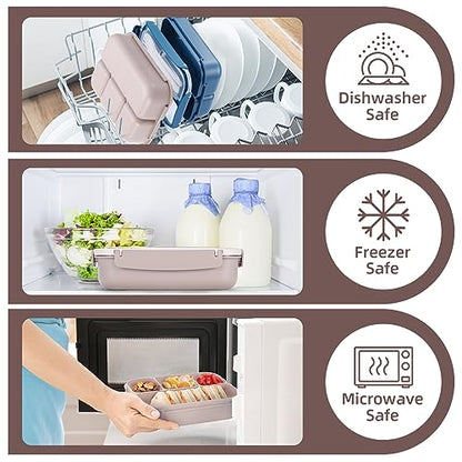 QQKO Bento Box Adult Lunch Box, Lunch Containers for Adults Men Women, Kids Lunch Boxes for School with 4 Compartments, Sauce Container, Utensils and Muffin Cups, Brown - color: Brown