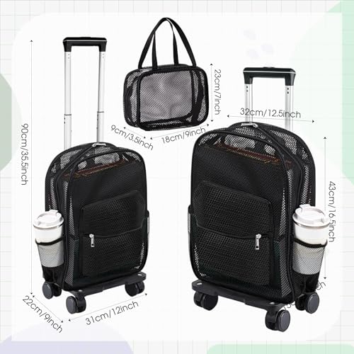Amylove 17'' Rolling Clear Backpack Set Heavy Duty Bags with Pockets Wheeled See Through Backpack(Black,Novelty,Mesh) - color: Black, style: Novelty