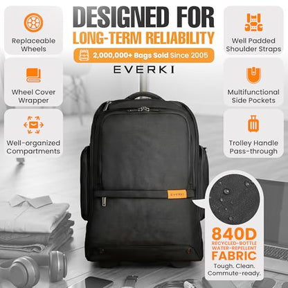 EVERKI 123 Wheeled 32L Laptop Backpack - Rolling Backpack for Men & Women - Carry-On Travel Roller Backpack for Laptops - Fits 15.6 to 16 Inches with Replaceable Wheels for Business & Work - Black - size: Wheeled 123 Laptop Backpack - 32L
