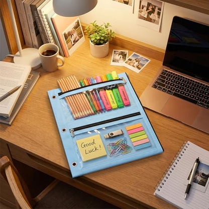 SKYDUE Binder Pencil Pouch for 3 Ring Binder, 3 Compartment Zipper Case, Large Capacity Pen Organizer with Clear PVC Window for School Supplies, Students, Kids & Teachers - color: Skyblue
