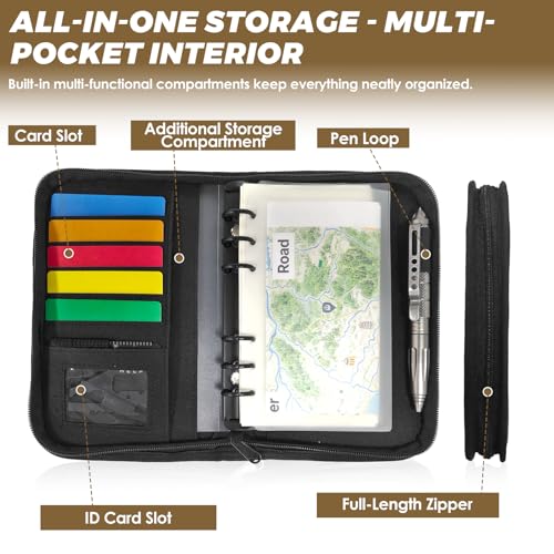 Tactical Notebook Cover, A6 Padfolio 6 Ring Binder with Big Back Pocket & Hand Strap, Zippered Hardcase Planner for Journal, College, Office, Field (Black, A6(5.5 x 8.5 inches)) - color: Black, size: A6