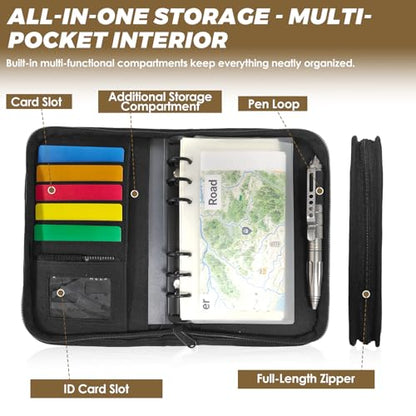 Tactical Notebook Cover, A6 Padfolio 6 Ring Binder with Big Back Pocket & Hand Strap, Zippered Hardcase Planner for Journal, College, Office, Field (Black, A6(5.5 x 8.5 inches)) - color: Black, size: A6