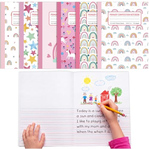 Gueevin 6 Pack Rainbow Primary Composition Notebook with Picture Space Bulk for Grades K-2 110 Page 8.5 X11'' Half Primary Journal K-2 Drawing Story for Back to School First Day of School - style: Rainbow