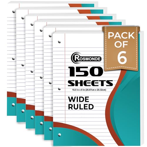 Rosmonde Loose Leaf Paper, 900 Sheets, 6 Pack, Wide Ruled Sheets, Combo, Spiral Notebooks, 6 Pack, 5 Subject Notebook, Wide Ruled, 150 Sheets (300 Pages), Assorted Colors, School, Home & Office